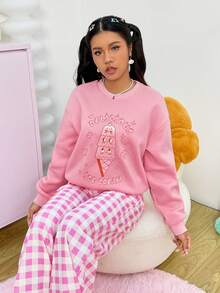SHEIN EZwear 卡通和文字設計休閒運動衫 - 粉色 - 查看 5
