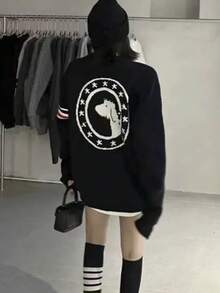 Của phụ nữ Lỏng lẻo Áo len Với Hoa văn con chó Trở lại - màu đen - Xem 2