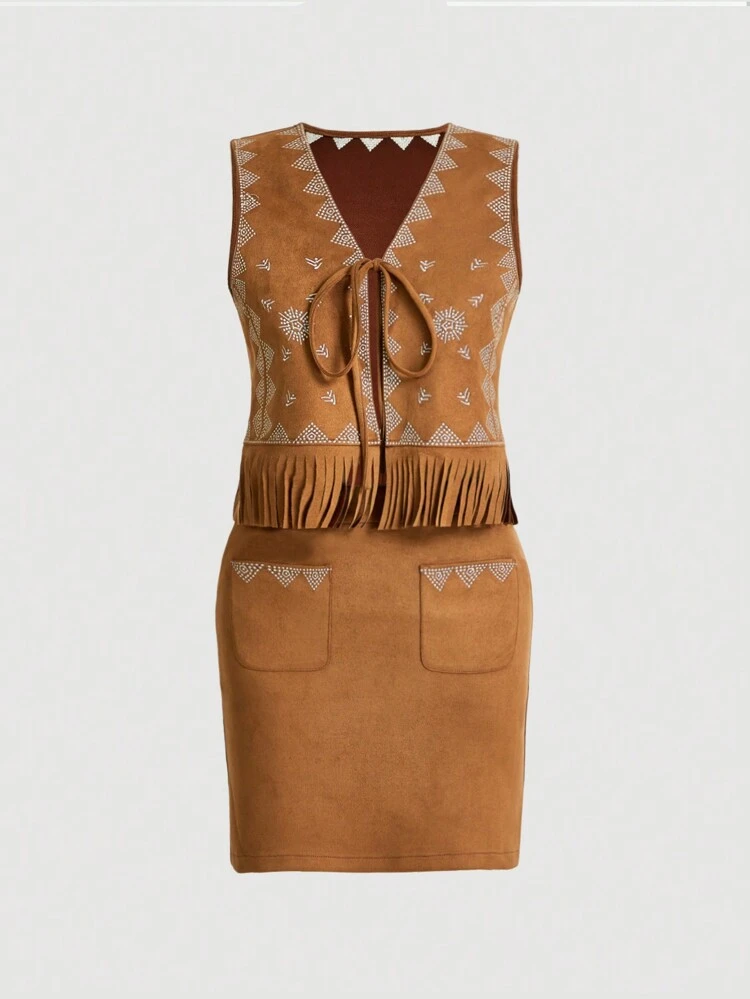 Embroidered Fringe Tie Front Vest Jacket And Skirt Set