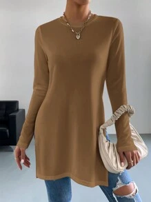 SHEIN Essnce 女士純色圓領分割式下擺長袖t恤 - 摩卡棕 - 查看 4