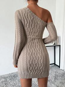 SHEIN Essnce Váy len dài tay cổ bất đối xứng cho nữ - Màu Khaki - Xem 2