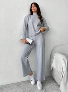 RueChic Mock Neck Drop Shoulder Tee & Pants - Grey - View 4