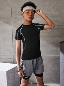 SHEIN Tween Boy Contrast Seam Detail Casual Sports Tee - Black - View 1