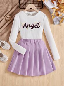 Chicas Top Casual De Manga Larga Con Cuello Redondo Y Diseño De Letras Y Falda Plisada De Estilo Callejero