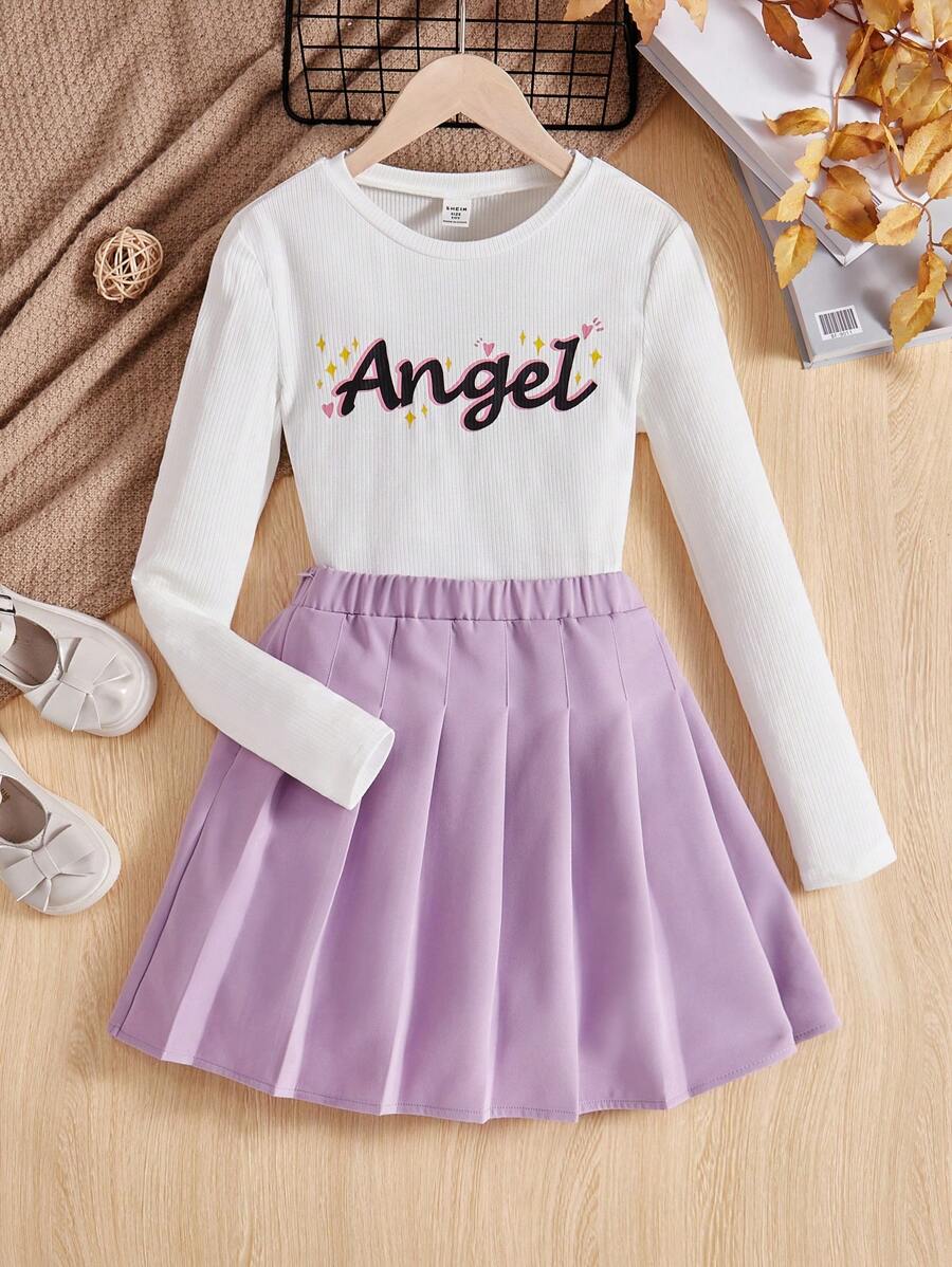 Chicas Top Casual De Manga Larga Con Cuello Redondo Y Diseño De Letras Y Falda Plisada De Estilo Callejero
