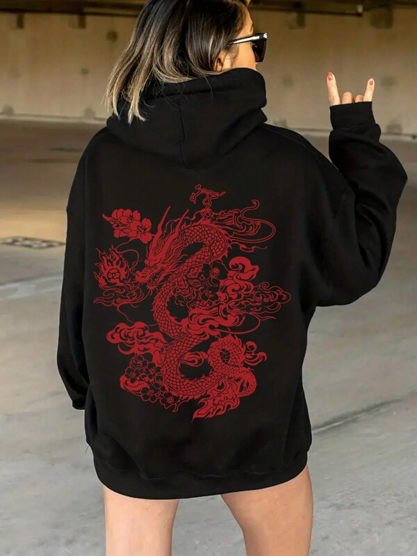 INAWLY Women's Dragon Print Hooded Fleece Sweatshirt Graduation,Back To School Outfits,Graduation,Teacher Outfits For Women,Back To School