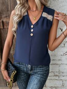 SHEIN LUNE 女士無袖背心,帶有蕾絲和編織帶拼接,細節有扣子 - 藏蓝色 - 查看 4