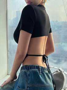 DAZY 女式后背带短袖T恤外出上衣邮轮女装、露背上衣、短款上衣 - 黑色 - 查看 4