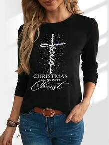 INAWLY Christmas Print Tee Graphic Tees Women Tops - Black - View 1
