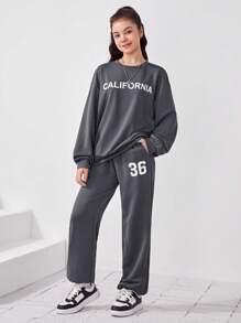 SHEIN Teen Girls' Knitted Solid Color Letter Pattern Sweatshirt And Pants Casual Two Piece Set - Grey - View 1