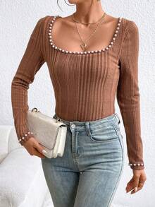 SHEIN Privé Của phụ nữ Kết cườm Trang trí Cổ vuông Sọc Áo thun - màu nâu - Xem 7