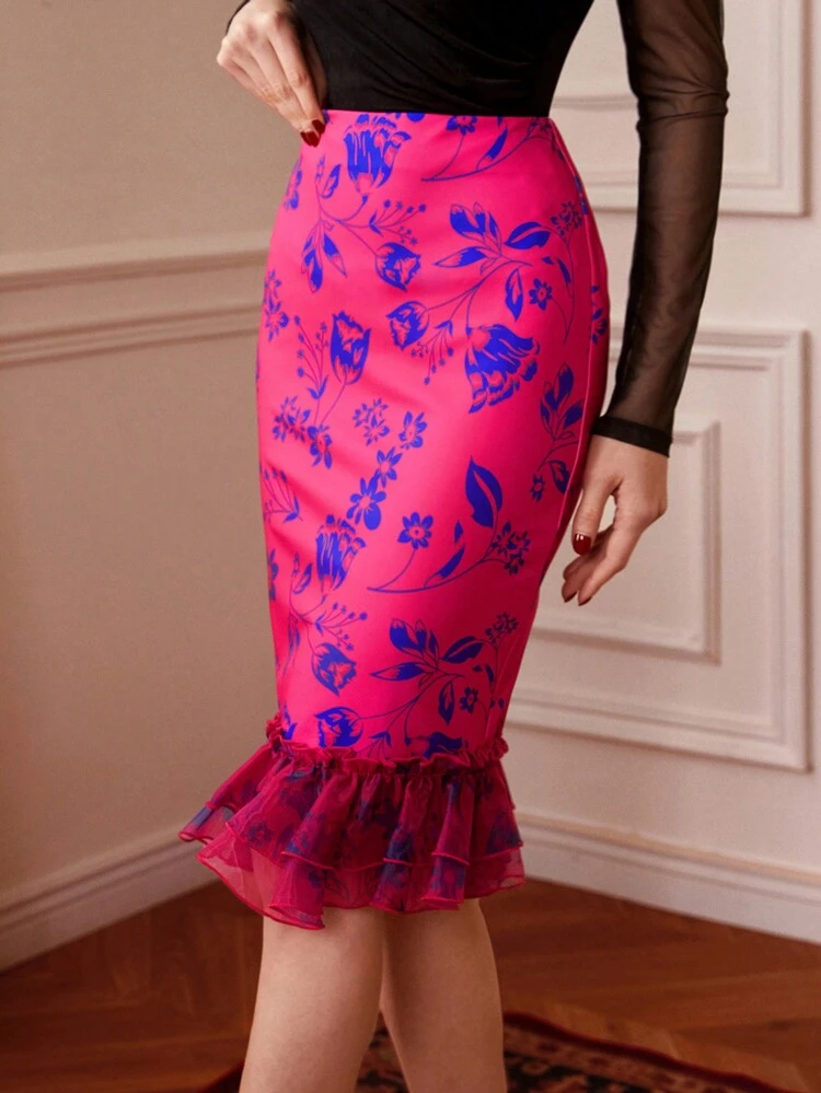Women's Floral Print Mesh Contrast Skirt