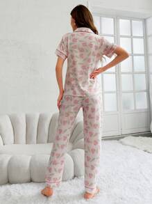 Conjunto De Pijama Para Mujeres De Camisa De Manga Corta Con Estampado De Tulipanes Y Pantalones Largos A Juego - Rosa Pálido - Ver 2