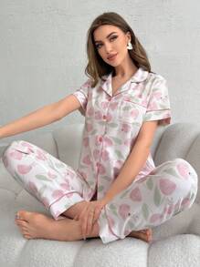 Conjunto De Pijama Para Mujeres De Camisa De Manga Corta Con Estampado De Tulipanes Y Pantalones Largos A Juego - Rosa Pálido - Ver 4