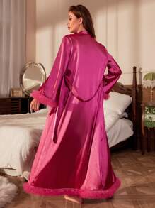 Stitching Frayed Trim Cami Dress And Robe Sleepwear Set - Hot Pink - View 2