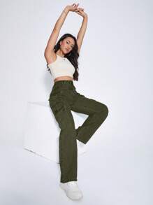 SHEIN ICON 女士粉色貨物口袋牛仔褲 - 軍綠色 - 查看 4