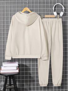 SHEIN Bộ áo nỉ và quần thể thao có mũ trùm đầu họa tiết thỏ hoạt hình thường ngày dành cho thiếu niên tuổi teen - Màu be - Xem 2