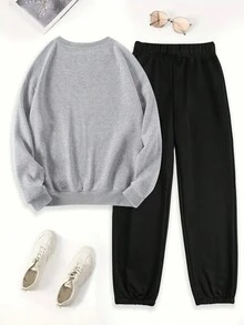 SHEIN EZwear 女士灰色字母印花連帽衫和黑色束口運動褲2件套裝 - 淺灰色 - 查看 2