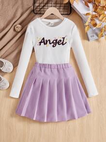 Chicas Top Casual De Manga Larga Con Cuello Redondo Y Diseño De Letras Y Falda Plisada De Estilo Callejero