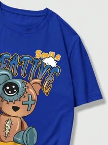 ROMWE MEN Street Life Camiseta de letras y osito para hombre - azul real - Ver 6