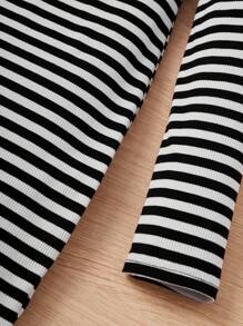 SHEIN Cô gái Dệt kim Mẫu thỏ Vòng cổ Sọc quần yếm Đầm giản dị - Đen và trắng - Xem 5