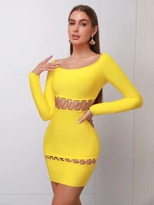 Modphy Off Shoulder Cut Out Chain Detail Bandage Bodycon Dress - Yellow - View 7