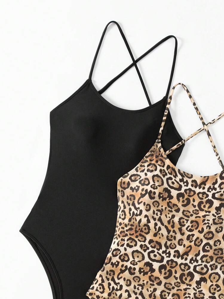 Summer Women's Solid Color And Leopard Printed One-Piece Swimsuit With Matching Cover-Up Set