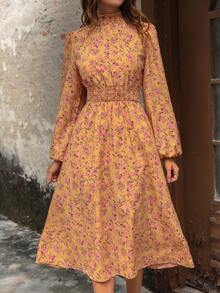 SHEIN LUNE 女款立領印花抽褶腰連身裙 - 彩色 - 查看 5