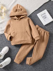 SHEIN Little Girls' Hooded Sweatshirt And Jogger Pants Two Piece Set - Khaki - View 1