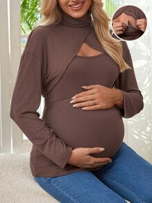 純色半高領可拆卸款休閒哺乳t恤 - 棕色 - 查看 1