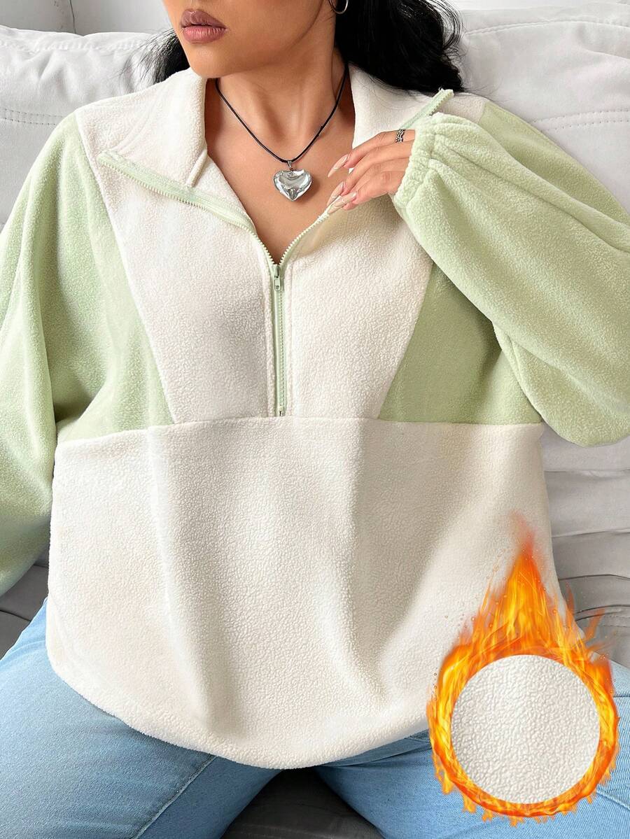 SHEIN EZwear Của phụ nữ Kích thước lớn lông tơ Áo nỉ Với Dây kéo nửa Khép kín Và Vòng cổ - màu xanh lá - Xem 1