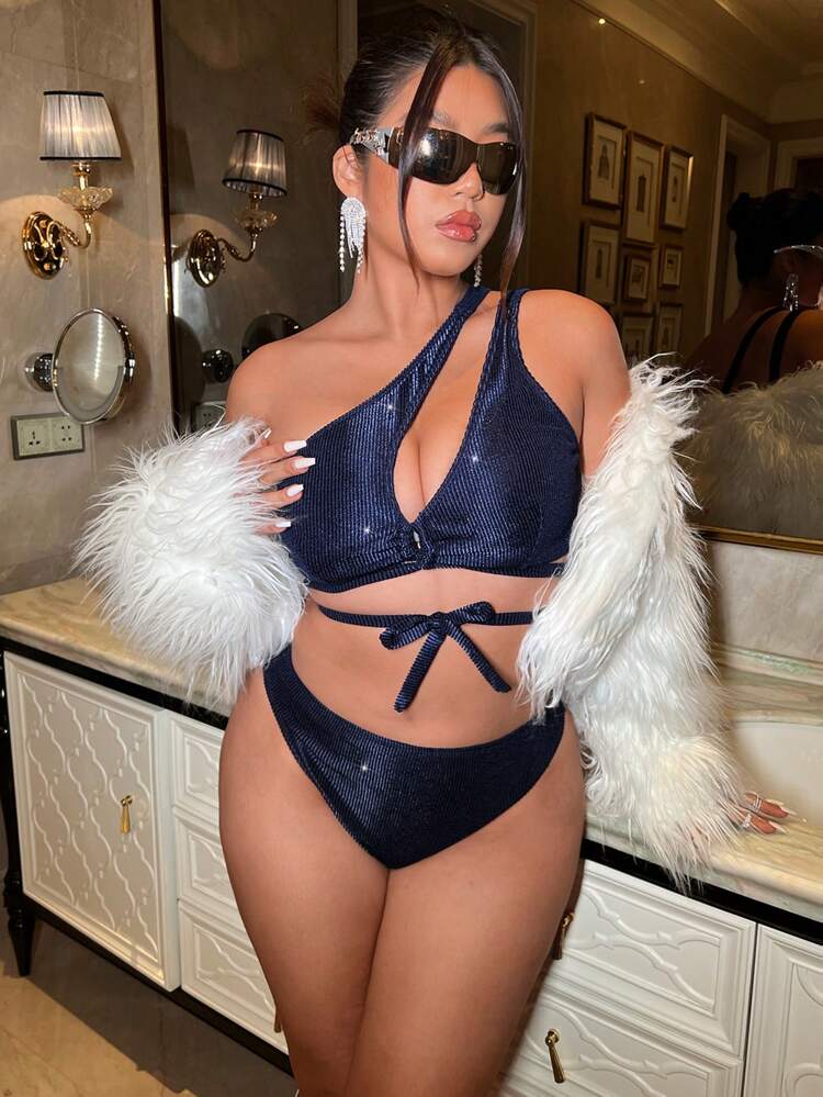 Plus Size Women's Sparkly One Shoulder Bikini Set Summer Beach