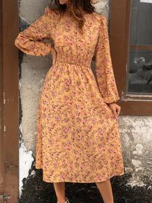 SHEIN LUNE 女款立領印花抽褶腰連身裙 - 彩色 - 查看 6