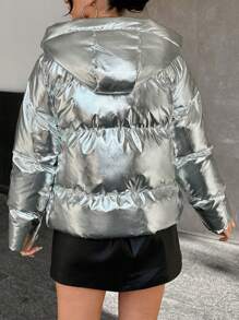 EURMUSE Shiny Coated Zipper Closure Short Hooded Padded Jacket - Silver - View 2