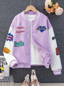青少女甜美對比色字母印花棒球夾克,適用於秋冬季節 - 淡紫色 - 查看 1