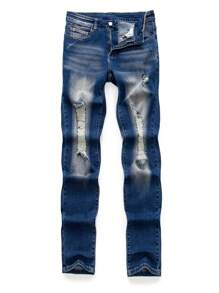 SHEIN Teen Boy Water Washed Distressed Jeans - Blue - View 1