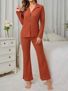 女款純色翻領扣環口袋羅紋針織休閒套裝 - 棕色 - 查看 4