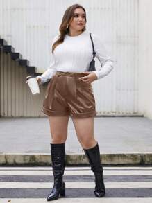 SHEIN Essnce 大尺碼 Pu 束口短褲 - 棕色 - 查看 6