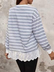 SHEIN LUNE Của phụ nữ Sọc In Thả vai Áo nỉ - Xám - Xem 2