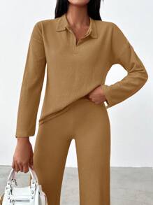 SHEIN Cottnline Women'S Turn-Down Collar Drop Shoulder Top And Pants Set - Camel - View 5