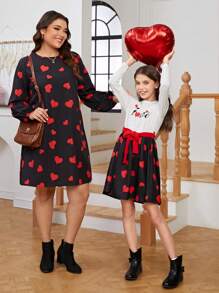 SHEIN Girls' Letter & Heart Patterned Dress Mommy And Me Matching Outfits (2 Pieces Are Sold Separately) - Red - View 9