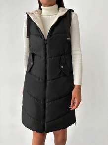 EURMUSE Zip Up Drawstring Hooded Vest Puffer Coat - Black - View 3