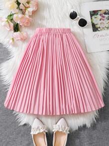 SHEIN Young Girl Pink Pleated Detail Skirt, Suitable For Elegant Style, Autumn - Pink - View 2