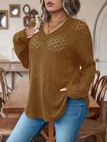 Calvaya 女士大尺碼v領寬鬆針織毛衣 - 棕色 - 查看 5