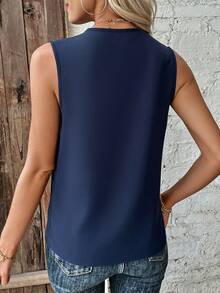 SHEIN LUNE 女士無袖背心,帶有蕾絲和編織帶拼接,細節有扣子 - 藏蓝色 - 查看 2