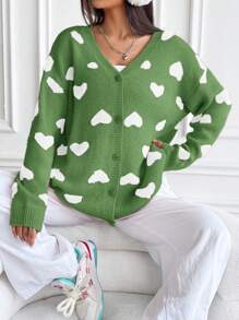 SHEIN Qutie Women's Fun Heart Patterned Casual Cardigan In Green - Multicolor - View 4