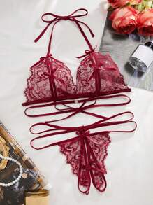 Women's Bowknot Tie Back Design Sexy Lingerie Set - Burgundy - View 1