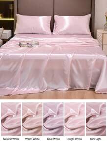 4入組無填充物純緞床單套裝1入組床笠和1入組床單和2入組枕套床上用品全/單人床/大號床/特大號床 - 粉色 - 查看 5