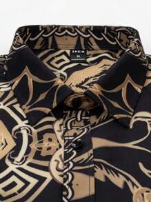 Manfinity AFTRDRK 男士链条印花纽扣衬衫，男友礼物，男士黑金衬衫，男士奢华衬衫，秋季款，长袖上衣