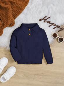 SHEIN Em bé Con trai Lỏng lẻo Phù hợp Áo len Với Sọc Hem Và Cổ tay áo - Xanh đậm - Xem 1